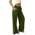 thumbnail image 4 of Miluxas Women's Paperbag Waist Wide Leg Pants Solid Color High Waist Drawstring Work Casual Trousers with Pockets for Vacation Travel Army Green, 4 of 5