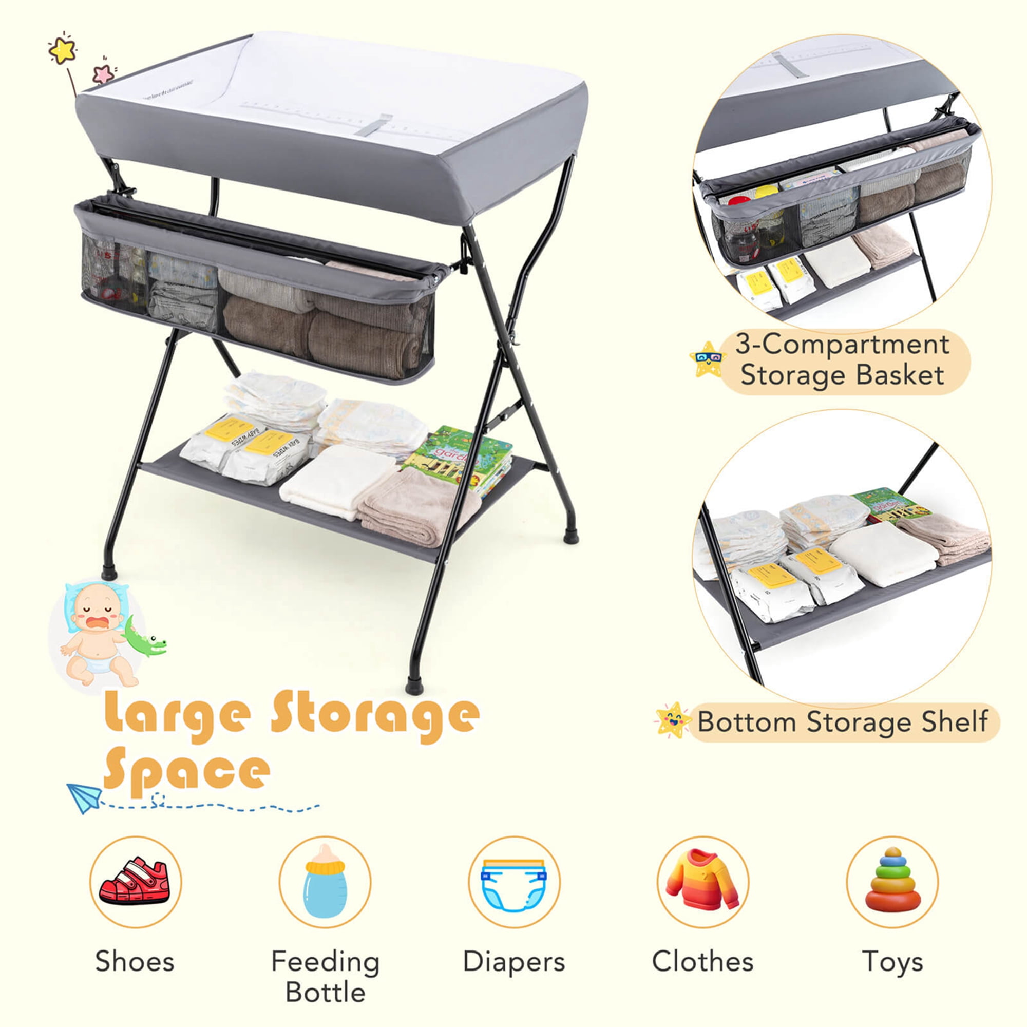 Costway Baby Infant Changing Table Folding Diaper Station Nursery with Storage Gray