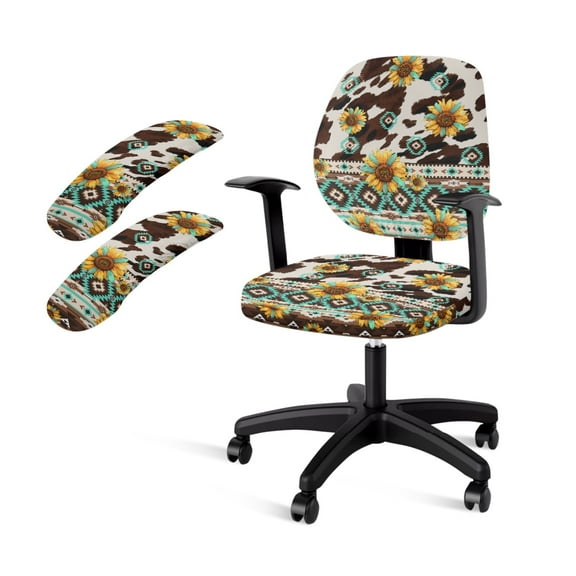 FKELYI American Tribal Sunflower Cow Print 4 Pcs Office Chair Covers Set Removable Computer Chair Slipcovers with Arm Rest Covers for Swivel Chair Armchair Washable Home Office Decor