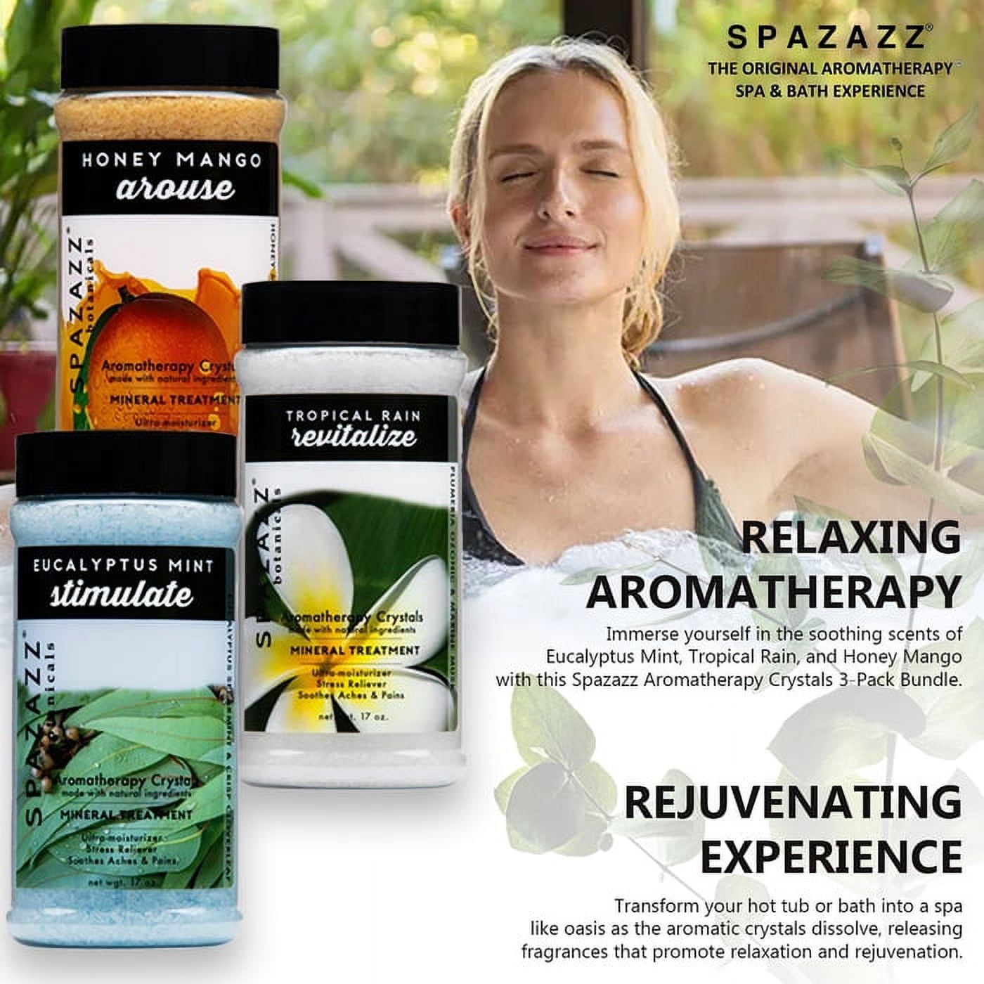 Spazazz Hot Tub Aromatherapy Bath Salt Crystals 3-Pack Bundle - Eucalyptus Mint Stimulate - Tropical Rain Revitalize - Honey Mango Arouse - Botanicals Collection Scents For Relaxing In Spas  (17 oz)