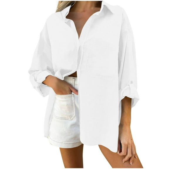 Otntypg Womens Button Down Shirts Lightweight Dress Shirts Long Sleeve Blouses Casual V Neck Work Office Tunics Tops with Pockets White L