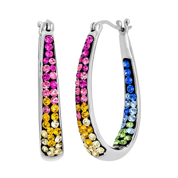 Brilliance Women's Rainbow Sterling Silver Crystal Hoop Earrings, Comes With Giftbox