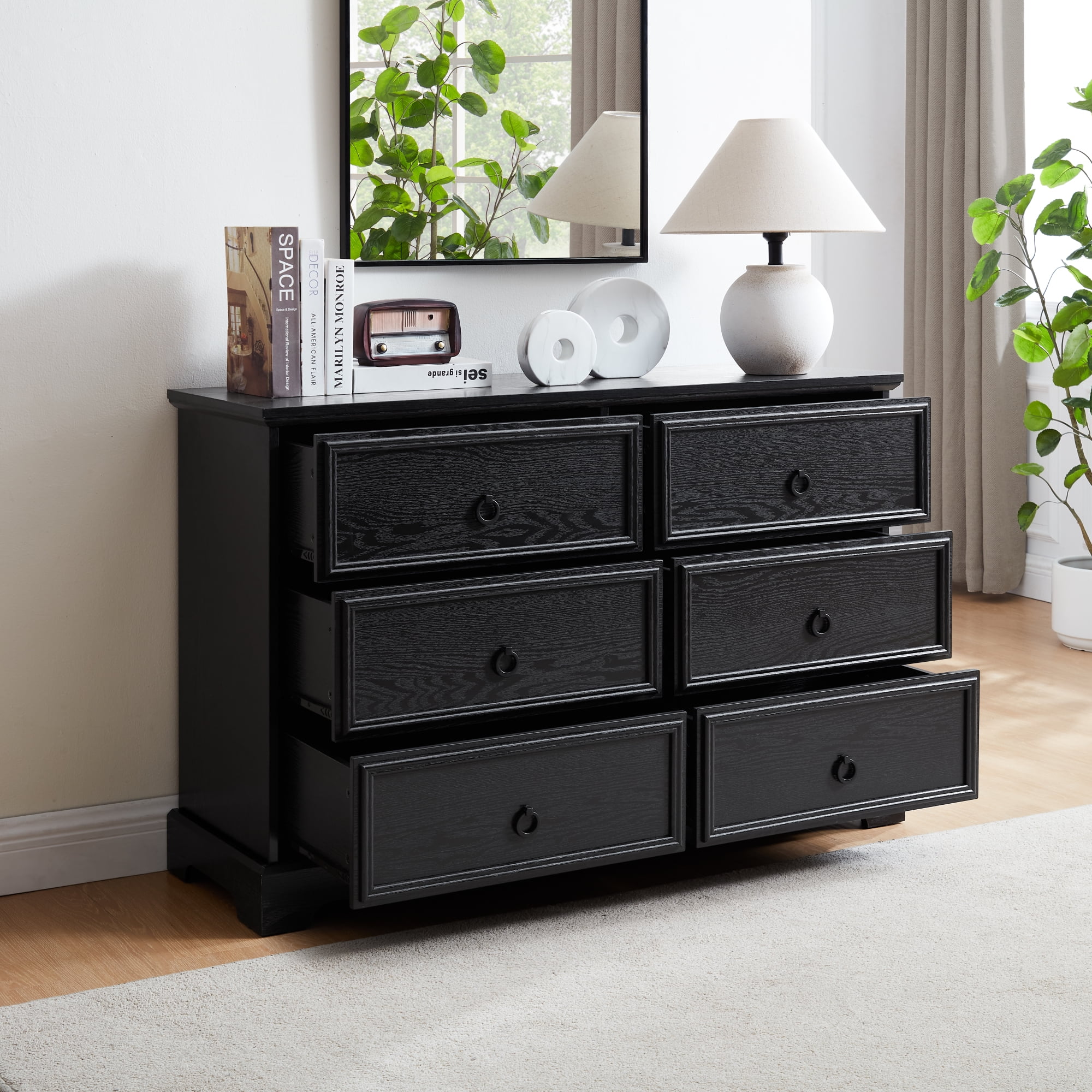 Leumius Modern Farmhouse 6 Drawer Dresser,Wooden Chest of Drawers with 6 Storage Drawers for Bedroom,Black