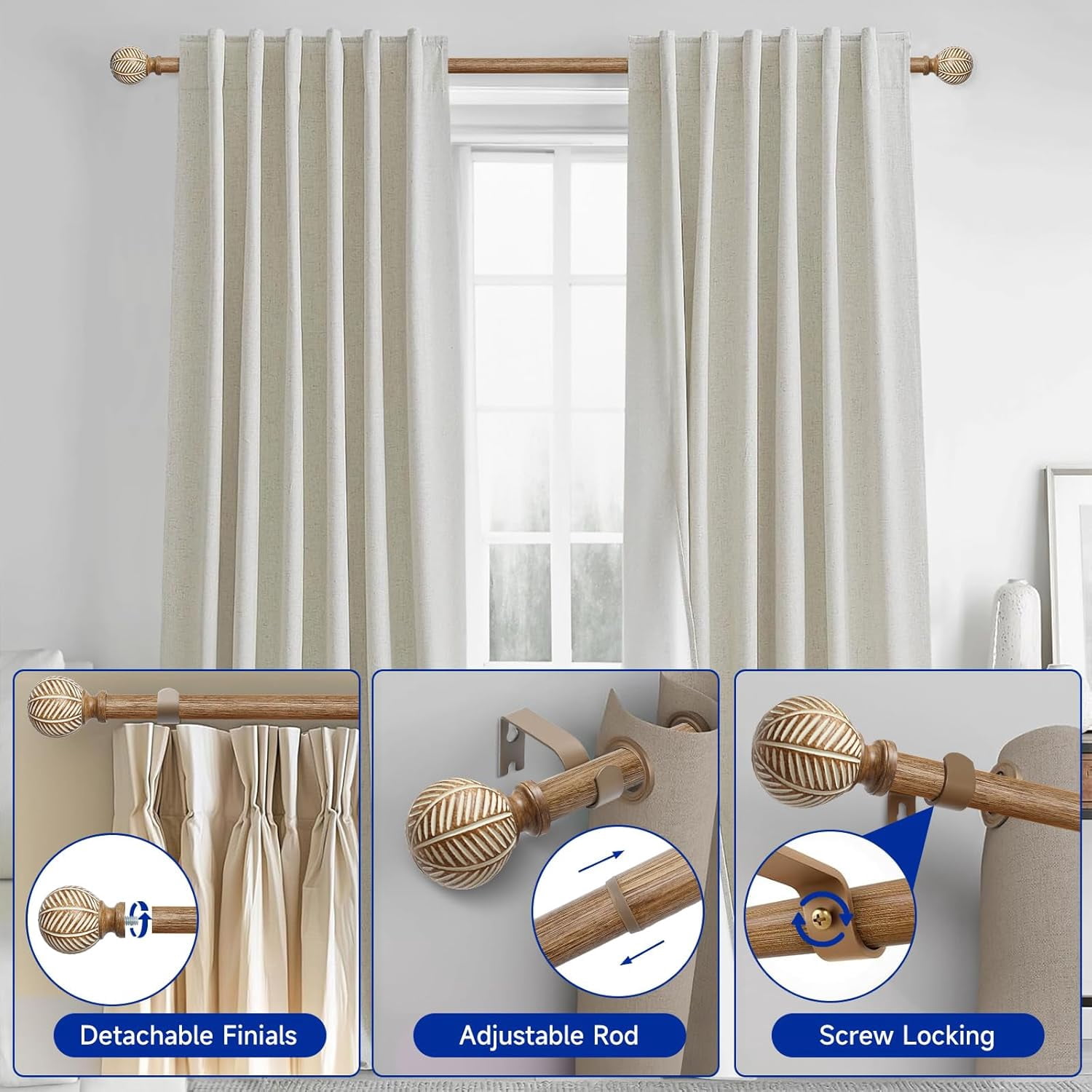 Black Curtain Rods for Windows: 1 Inch Diameter Adjustable Drapery Rods 72" to 144", Heavy Duty Window Curtain Rod with Leaf Pattern Finials