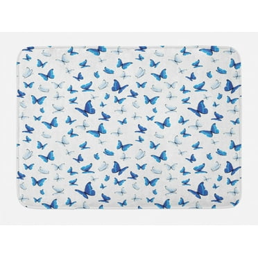 Butterflies Bath Mat, Butterflies Patterns Seasonal Jolly Rainforest Wilderness Illustration, Non-Slip Plush Mat Bathroom Kitchen Laundry Room Decor, 29.5 X 17.5 Inches, Blue White Black, Ambesonne