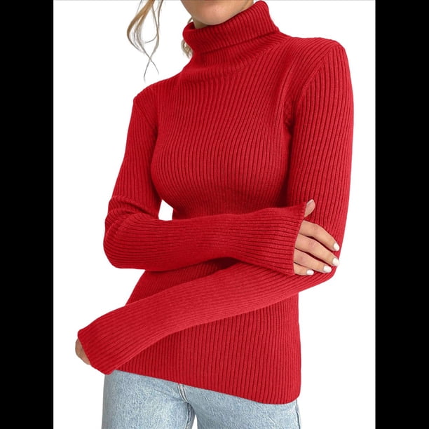 Suéteres Acanalados para Mujer, Lindos Suéteres de Punto de Cuello Alto, Ajustados y Cálidos Rojo un Tamaño