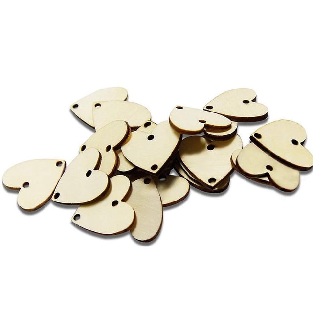 50 piezas en total, círculos de madera, etiquetas de corazón de madera con agujeros y 30 mm para tableros de cumpleaños, San Valentín