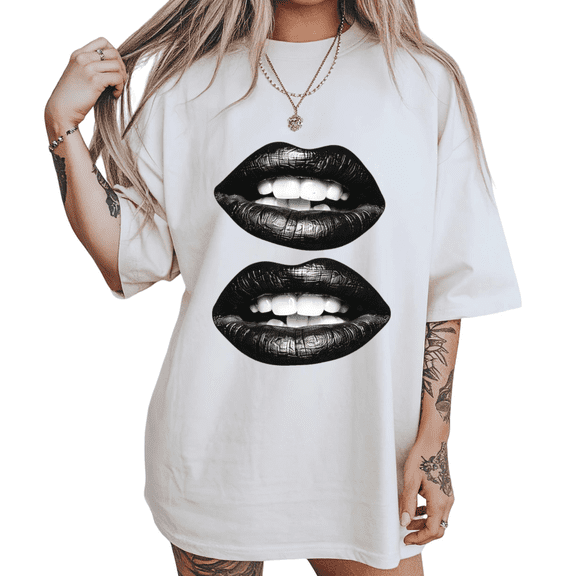 UNISHE Womens Monochrome Lips Art Graphic Short Sleeve Crewneck T-Shirt S-5XL White Tops