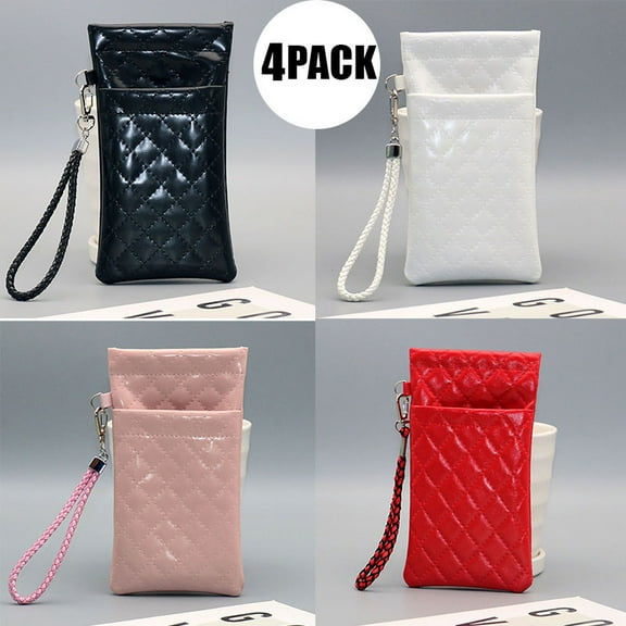 4Pack Double Eyeglass Case Glasses Case Squeeze Top with Carrying Strap PU Leather Eyeglasses Pouch Sunglasses Case Cell Phone Purse For Women