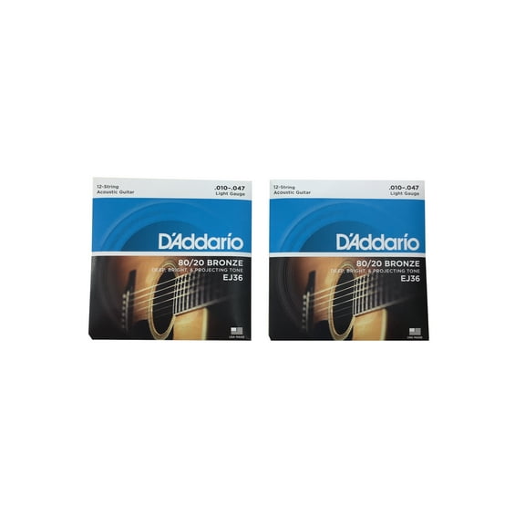 D'addario Guitar Strings 2-Pack EJ36 12-String Bronze Acoustic Light, 10-47
