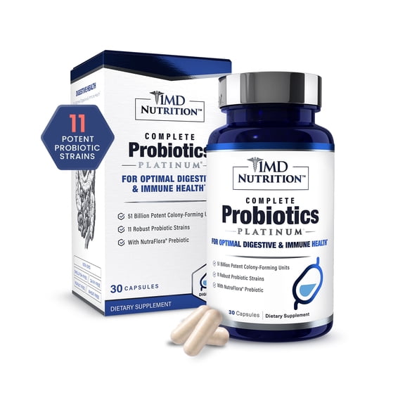 1MD Nutrition Complete Probiotics Platinum for Adults | 51 Billion CFUs, 11 Strains, Dairy-Free | Digestive Health & Prebiotic Blend | 30 Capsules