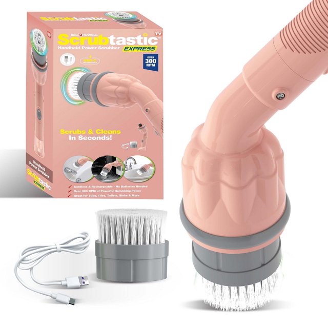 Pink Bell + Howell Scrubtastic Express rechargeable cordless handheld power scrubber with detachable brush head and USB-C charger, shown alongside product packaging