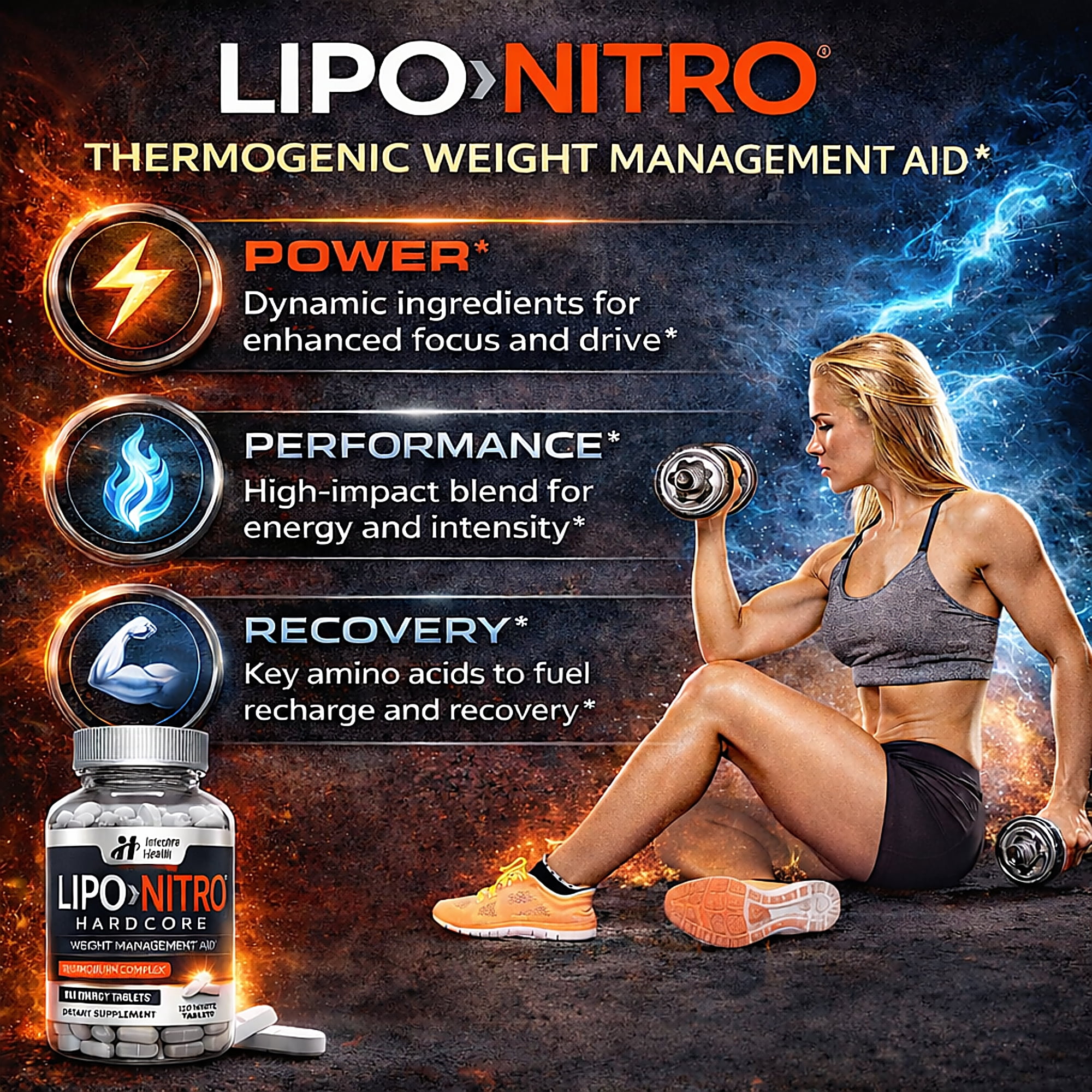 LIPO>Ni-TRO Best Diet Pills for Weight Management & Powerful Energy - 120 White Tablets