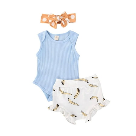 

Canrulo Newborn Baby Girls Summer Outfits Knitted Sleeveless Romper Jumpsuit Banana Ruffle Shorts Summer Outfits Blue 6-12 Months