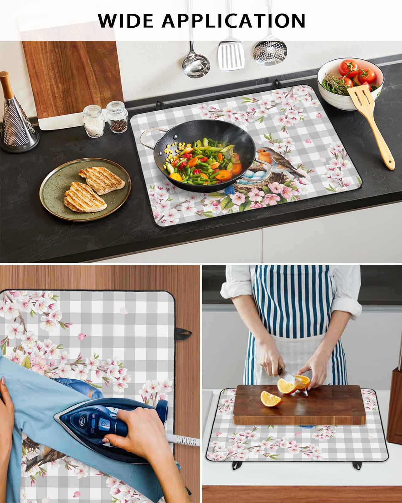 Large Induction Cooktop Protector Mat Birds Floral Stove Top Covers for Electric Stove, Farmhouse Country Pink Flower Leaf Grey Plaid Decorative Stove Burner Cover Mats, Glass Top Stove Cover