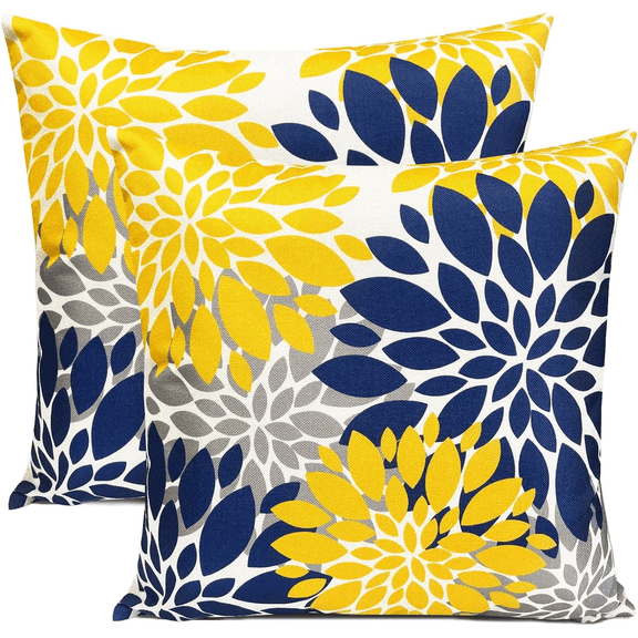 Blue Yellow pillow covers Decorative Throw Pillow Covers 16 x 16 Inch Set of 2 Couch Pillow Covers for Sofa Living Room Outdoor throw pillow cover Linen Floral Flower Farmhouse Pillowcase