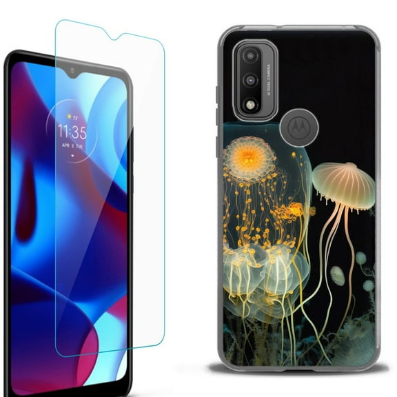 Slim-Fit Fashion Phone Case for Motorola Moto G Pure, with Tempered Glass Screen Protector, by OneToughShield ® - Jellyfish