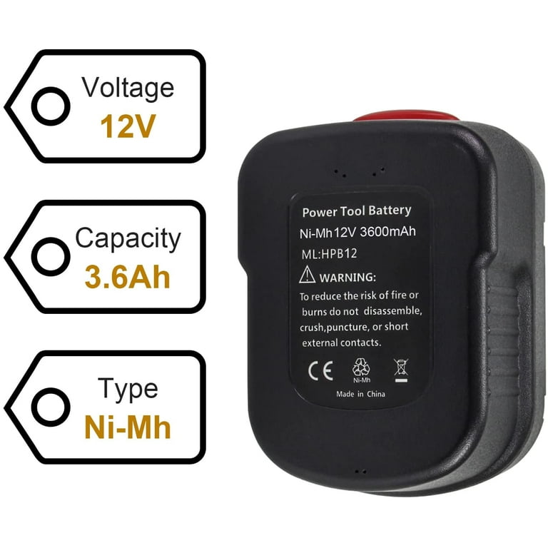 1Pack 3600mAh Ni-Mh Replacement for Black and Decker 12V Battery Compatible  with Black and Decker 12 Volt Battery HPB12 FS120BX FSB12 FS120B A1712 A12