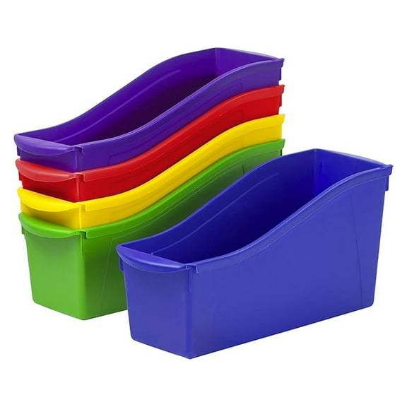 Book Bins Classroom, 5 Color Set - Plastic Book Storage Organizer, 5.3x14.3x7 Inches - Interlocking Bins for Books, Files, School Supplies