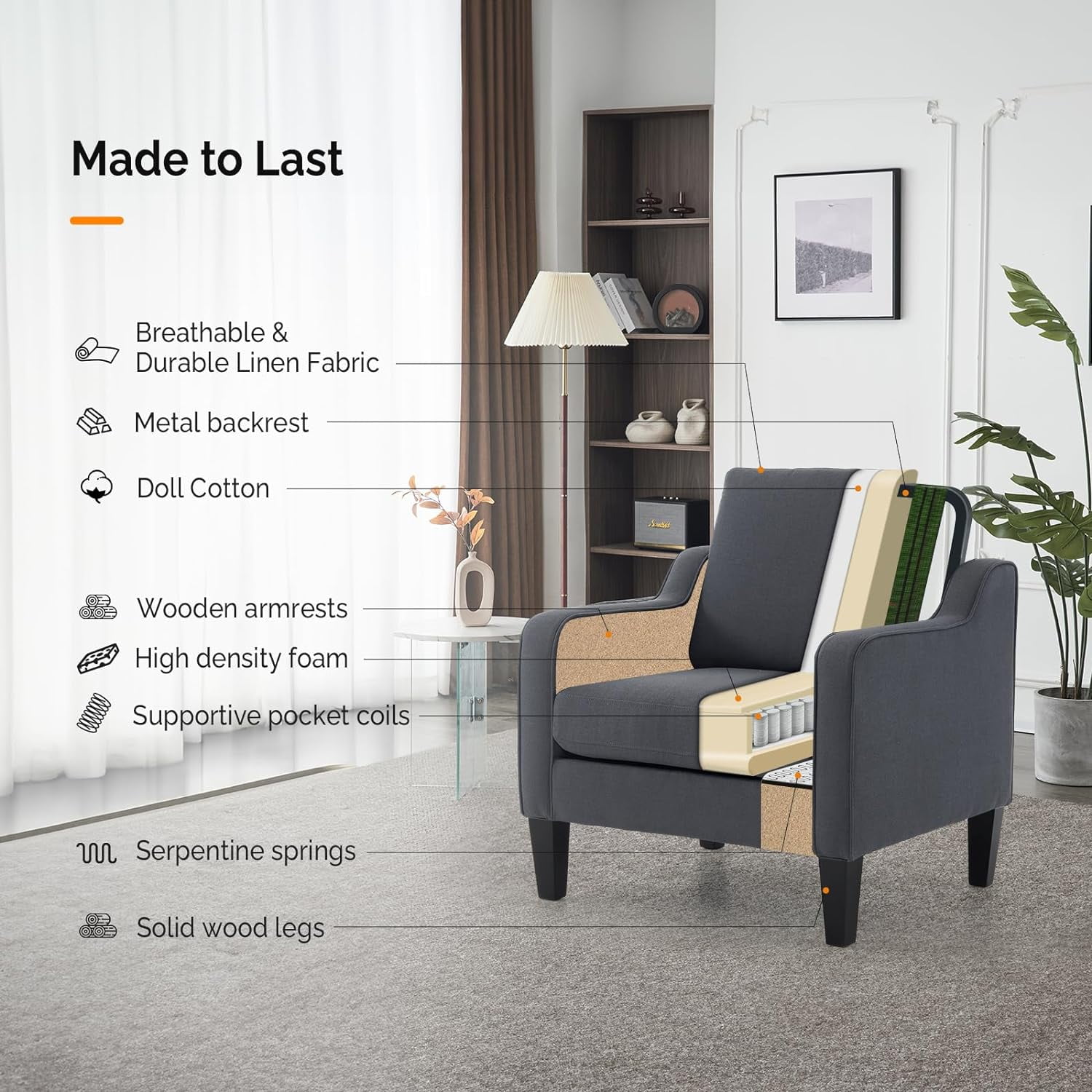 VINGLI Mid-Century Accent Chairs, Upholstered Linen Armchairs for Living Room/Bedroom, Beige (Set of 2)