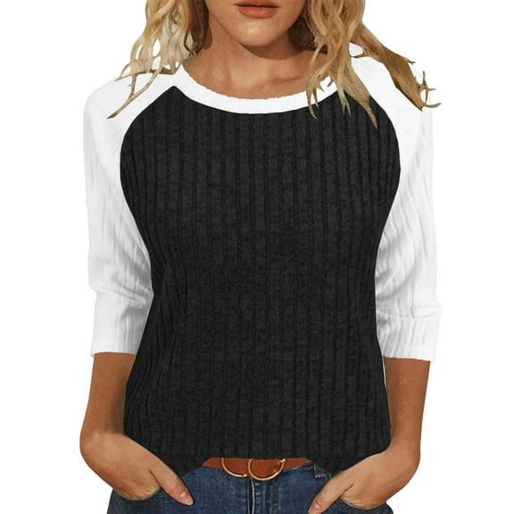 Womens Ribbed Knit Tops Ruffled 3/4 Sleeve Base Sweater Crew Neck Pullover Solid/Colorblock Fall Casual Clothes (XL, Black 01)