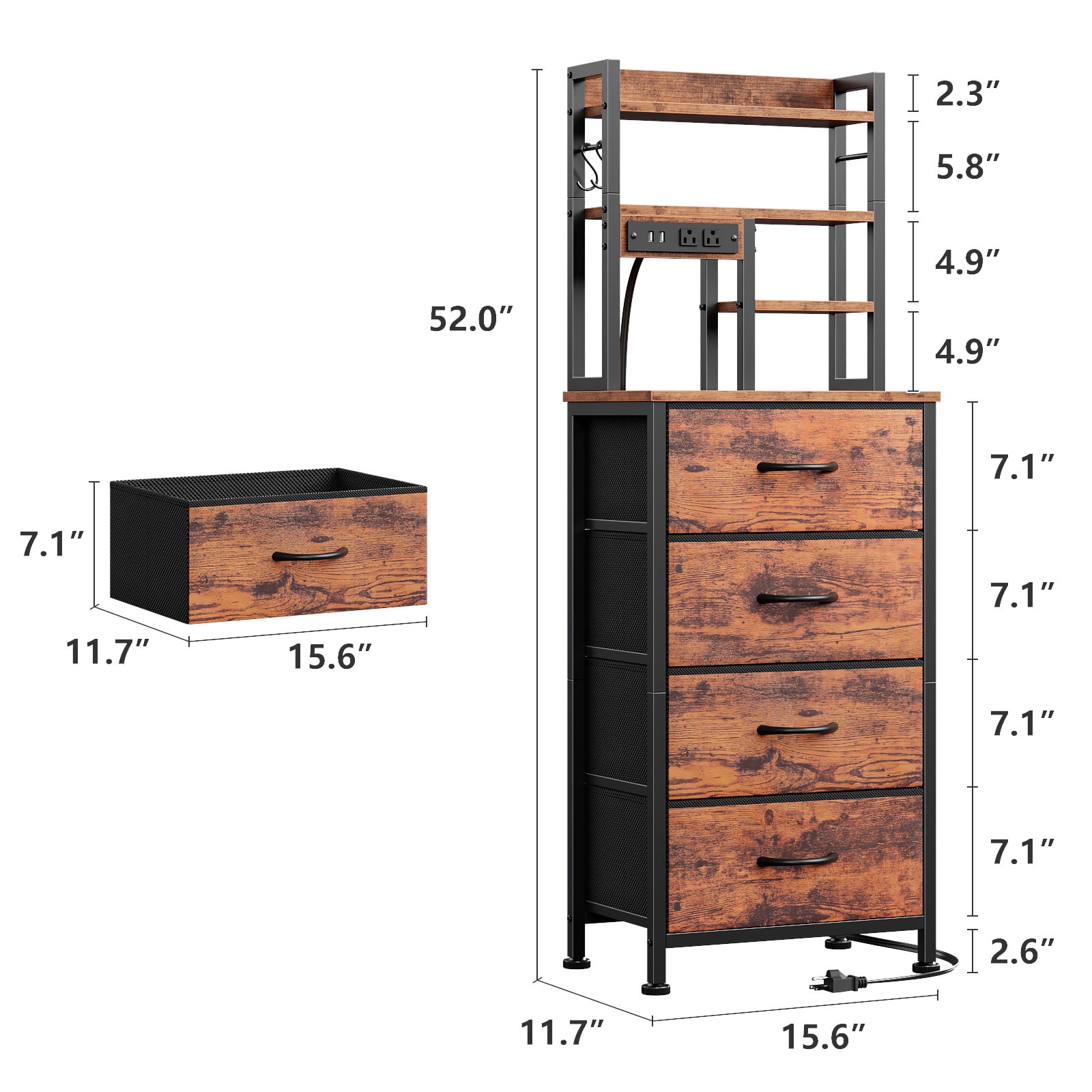 Satifur Tall Nightstand with Charging Station and LED Lights, Bedside Table with 4 Drawers and Bookshelf, Rustic Brown