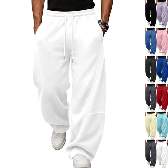 Men's Oversized Baggy Casual Sweatpants, Elastic Drawstring Waist Loose Wide Leg Trousers, Soft Comfort Knit Bottoms With Practical Side Pockets For Streetwear Daily Activities White M