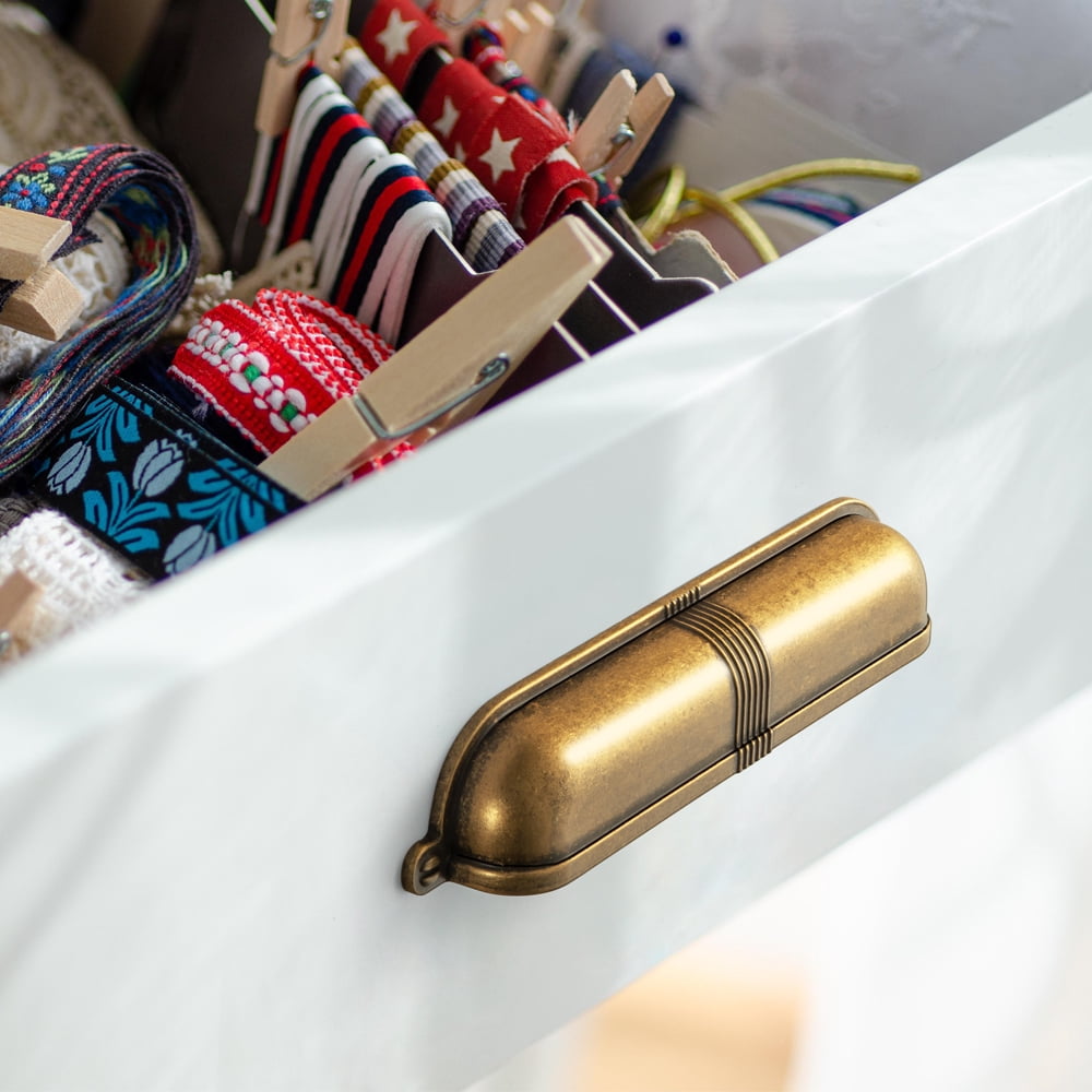 Goo-Ki 12 Pack 5''(128 MM) Hole Centers Antique Brass Cabinet Handles, Luxury Zinc Alloy Cabinet Cup Pulls for Dresser,Drawer,and Cupboard
