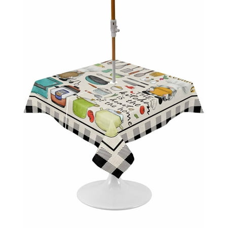 Outdoor Tablecloth with Umbrella Hole and Zipper Cooking Kitchenware Gnome Square Tablecloths 54×54 Inch Waterproof Table Cloths Kitchen Tool Black Plaid Patio Table Cover for Picnic BBQS Party