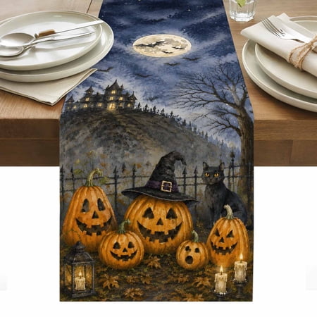 Halloween Table Runner Vintage Pumpkin Black Cat Moon Goth Haunted Castle Rustic Washable Kitchen Table Runners for Dining Table Decorations Party/Restaurant/Indoor Outdoor Use 13x60in