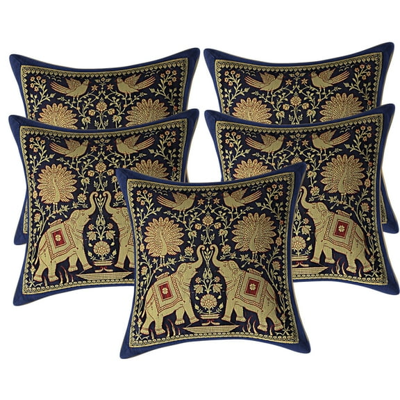 Stylo Culture Indian Couch Throw Pillow Covers 12x12 Jacquard Peacock Dark Blue Square 30cm x 30cm Home Decor Brocade Elephant Zippered Cushion Covers | Set Of 5