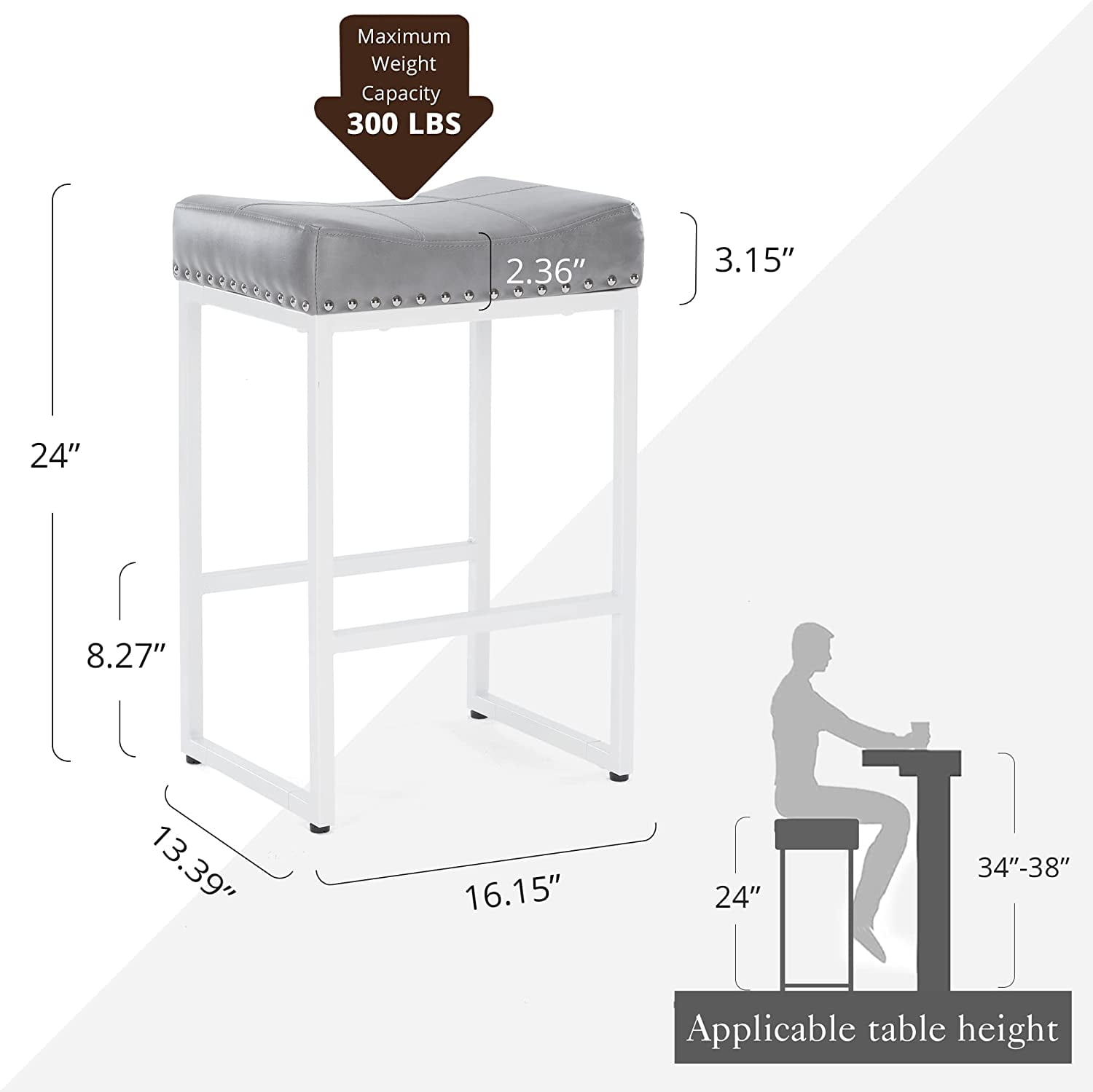 Dycanpo 24" Saddle Counter Height Bar Stools Set of 4, Modern Faux Leather, for Kitchen,Grey