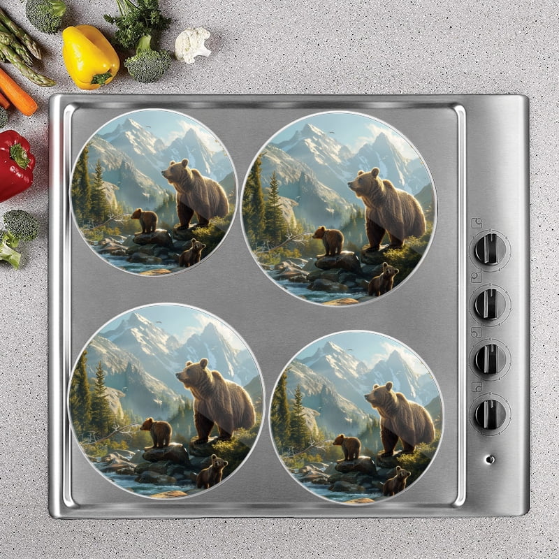 BaHomeck Electric Stove Burner Covers Set of 4,Round Metal Gas Stove Burner Covers 8 Inch and 10 Inch,Kitchen Decor,Family Of Grizzly Bears Including Cubs And Mother Bear