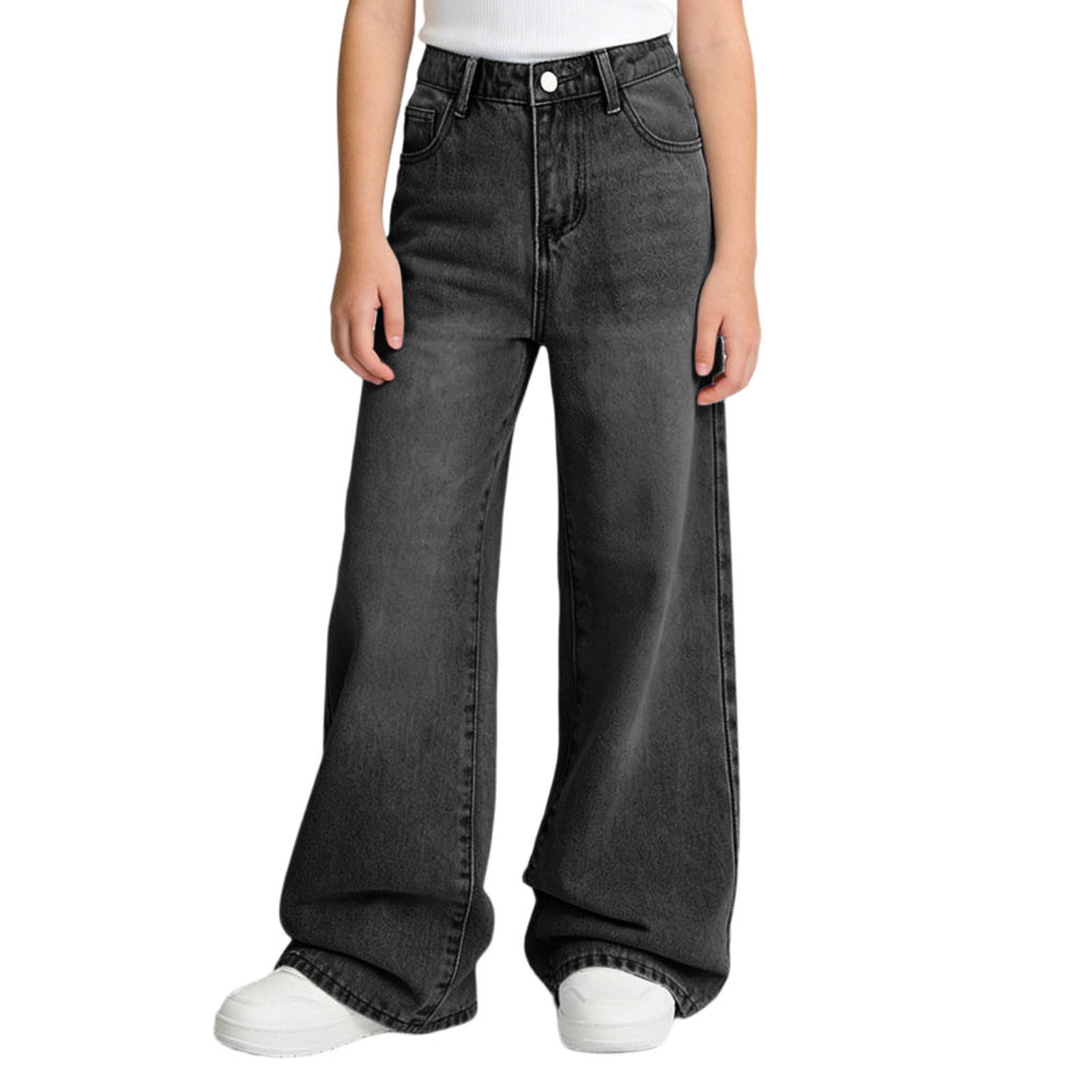 Sonxahe Tween Girl's Washed Wide Leg Denim Jeans Solid Loose Jeans Daily Play Pants,Black