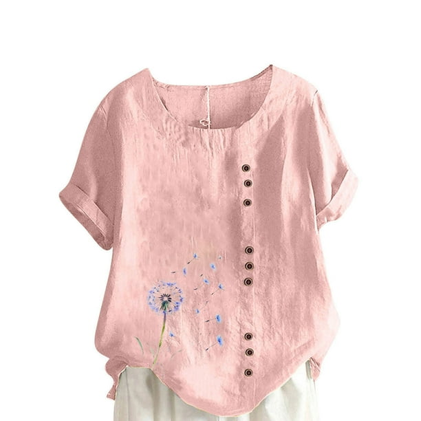 Vestidos Casuales Para Mujer, Blusas De Mujer De Moda Blusa informal de lino con cuello redondo, manga corta y botones para mujer