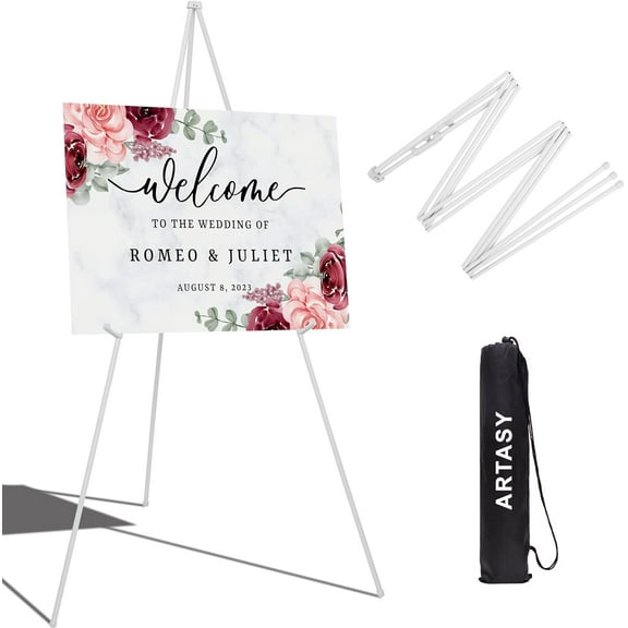 63" Easel Stand for Wedding Signs Posters Portable Artist Easel for Painting Canvas Tripod for Home and Office Supports 5 lbs-White 1/Pack