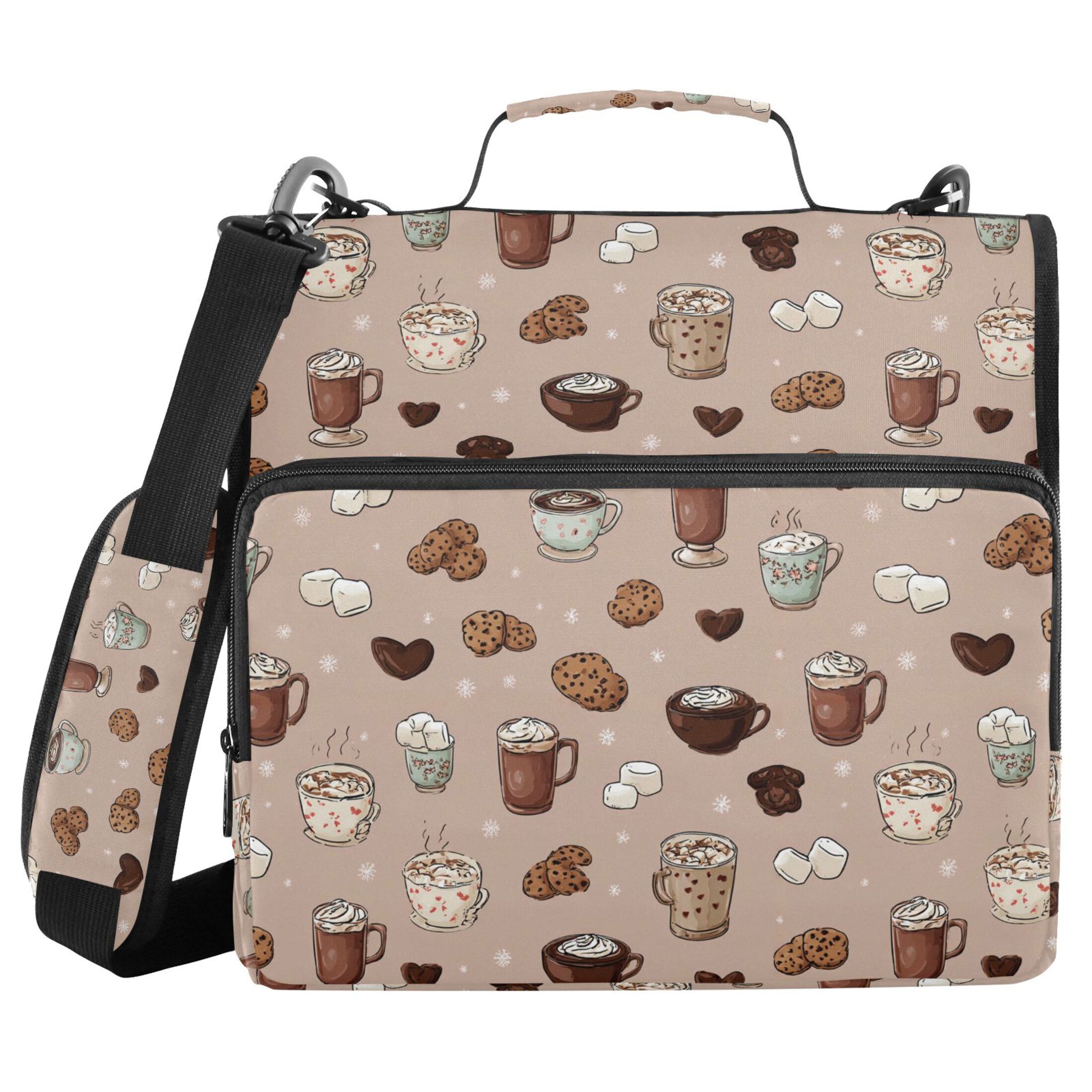 Zipper Binder Coffee Cookies 1.5 Inch Binder Folder Bag with Shoulder Strap and Handle