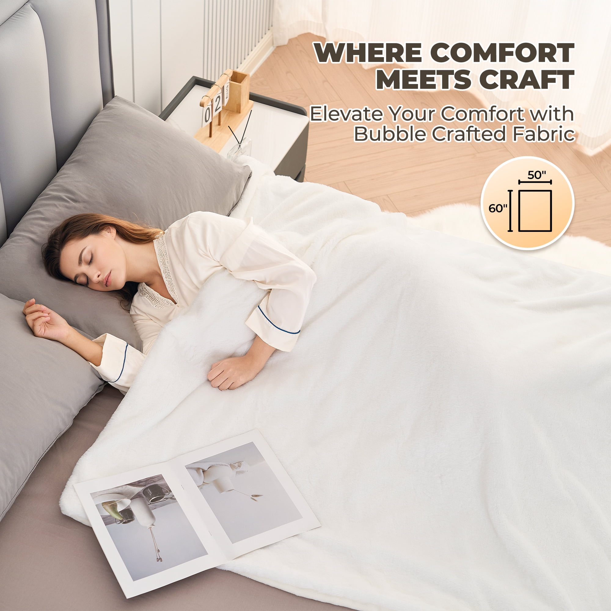 MARNUR Electric Throw Blanket 50"x60", Soft Faux Fur, 6 Heating Levels, 4 Hours Timer, Cozy Couch Blanket White