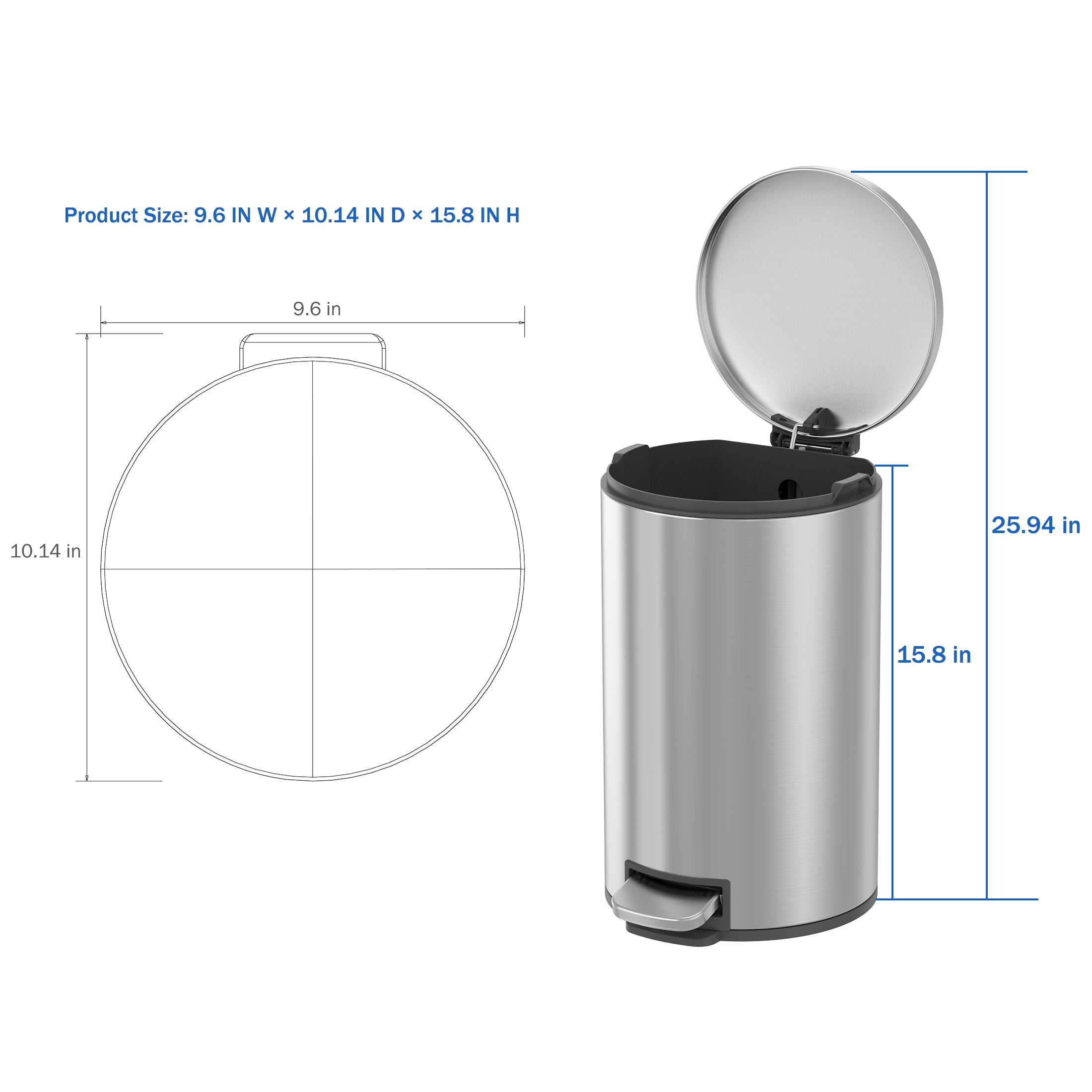 Better Homes & Gardens Bathroom Trash Can, 3.1 Gallon Small Stainless Steel Step Garbage Bucket Bin with Soft Close Lid, Silver