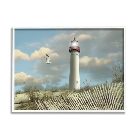 Stupell Industries Cape May Sand Dune Fence Lighthouse Beach Scene with Seagull Graphic Art White Framed Art Print Wall Art, 24x30, by Alan Giana & Company