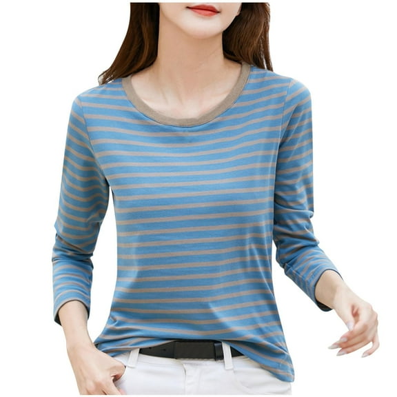 Oplxuo Long Sleeve Striped Shirts for Women Basic Loose Crew Neck Pullover Tops Casual Colorblock Tunic Blouse