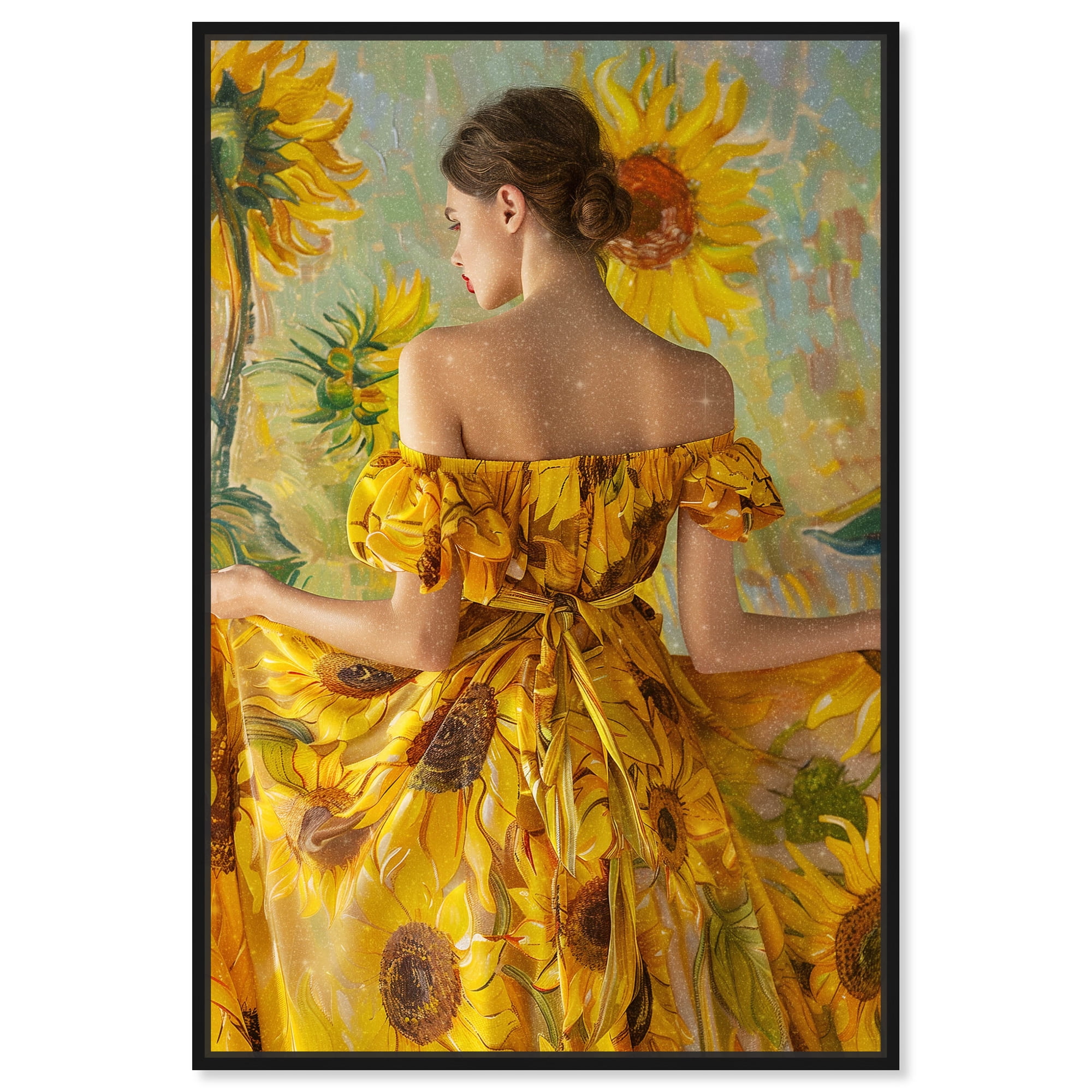 Van Gogh Sunflowers Dress Fashion And Glam Canvas Wall Art by Art Remedy, Black Floater Frame, 10"x15"