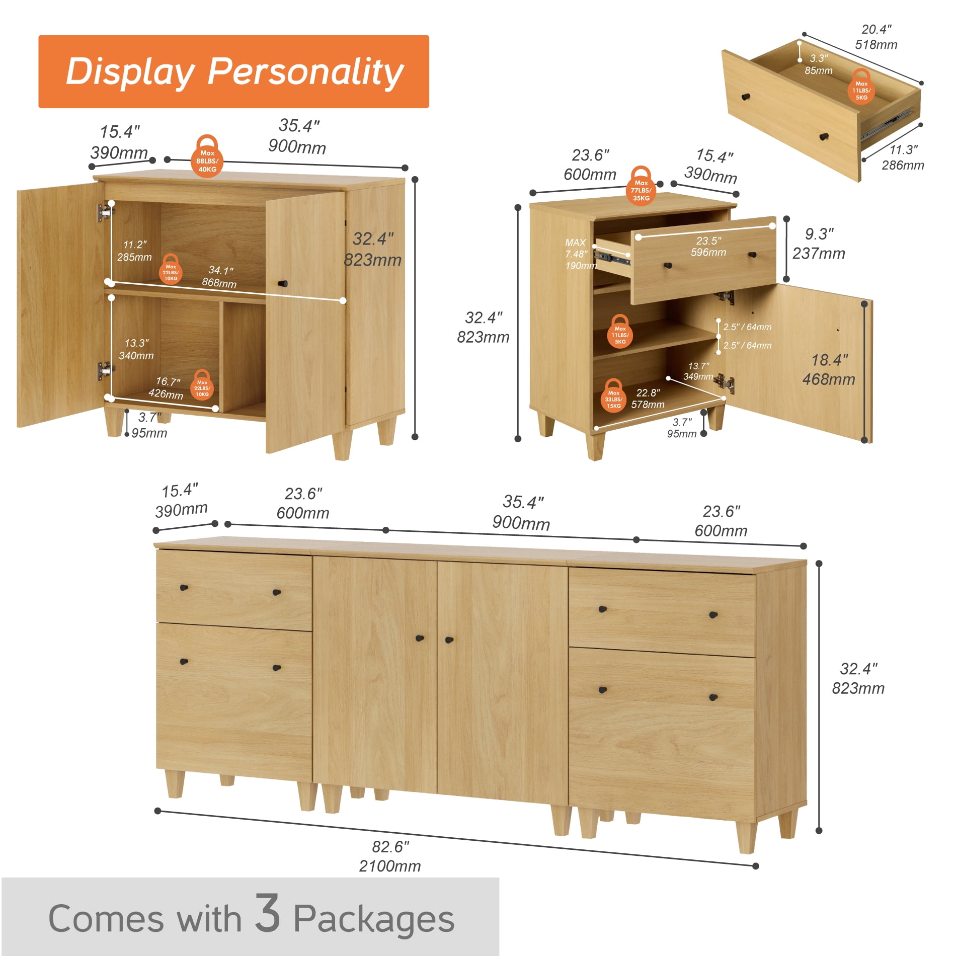 WAMPAT TV Stand for 85+ Inches TVs, 3-in-1 Modern Wooden Media Console with 2 Spacious Drawers and 3 Storage Cabinets for Living Room, Oak