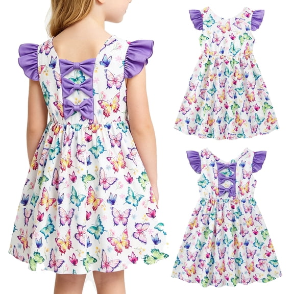 Lanbubble Toddler Girl Dresses Back Bowknot Butterfly Ruffled Sleeve Dress Casual Sundress 5-6 Years