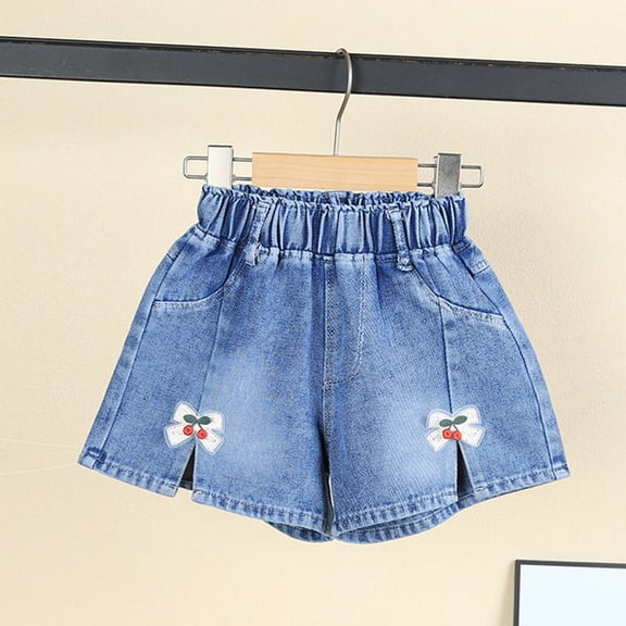 DAETIROS Girls Dark Wash High Rise Denim Shorts with Cherry Embroidery Side Slit Elastic Pull-On Shorts for Kids Little Kids 2-7 Years with Pockets,Size 3-4 T