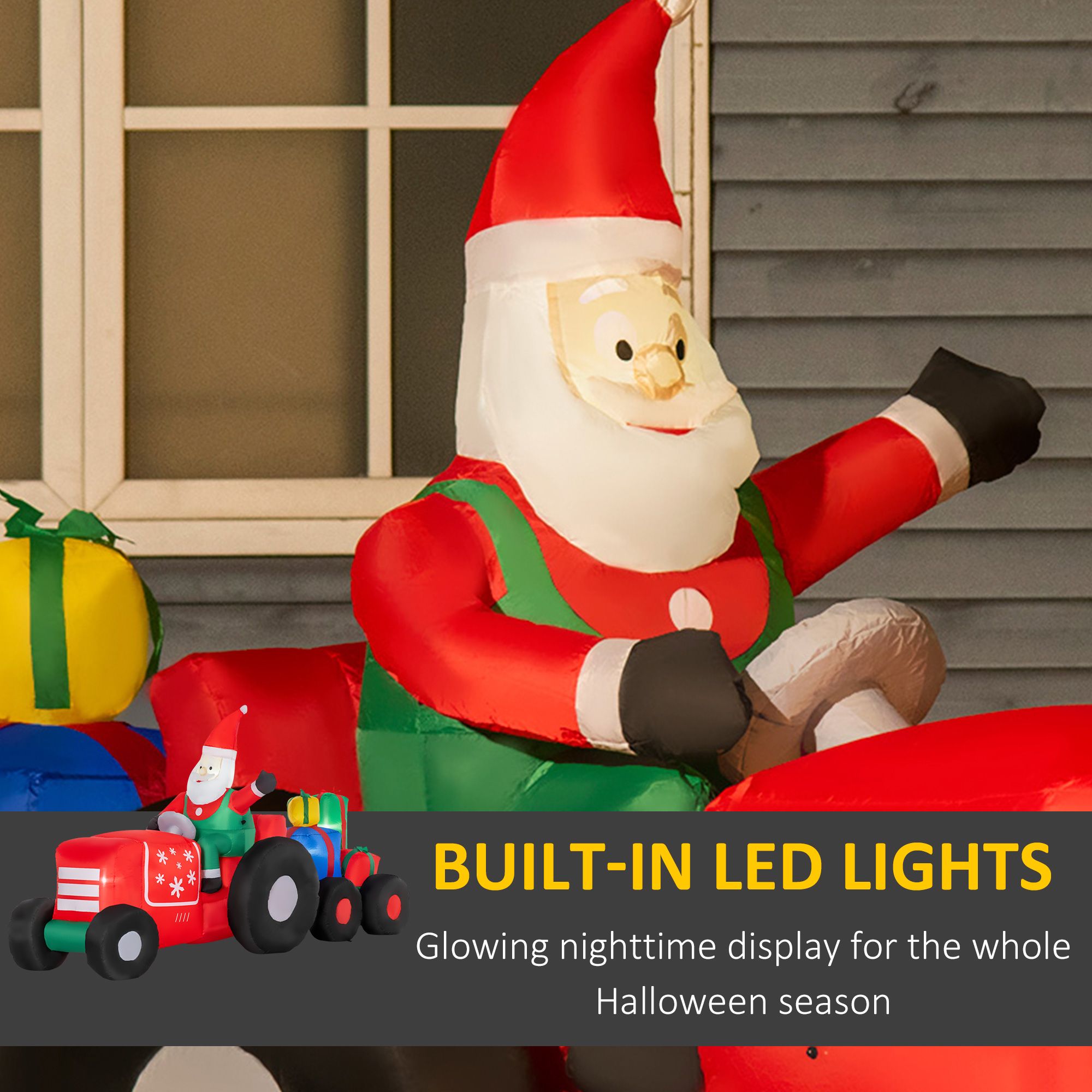 Christmas Inflatable Santa Claus Driving Trailer with Colorful Gift Boxes, 9 ft Blow-Up LED Yard Decoration for Lawn, Garden, and Holiday Party