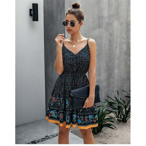 Bohemian Floral Print Mini Dress - Mini Sundress - Size XL