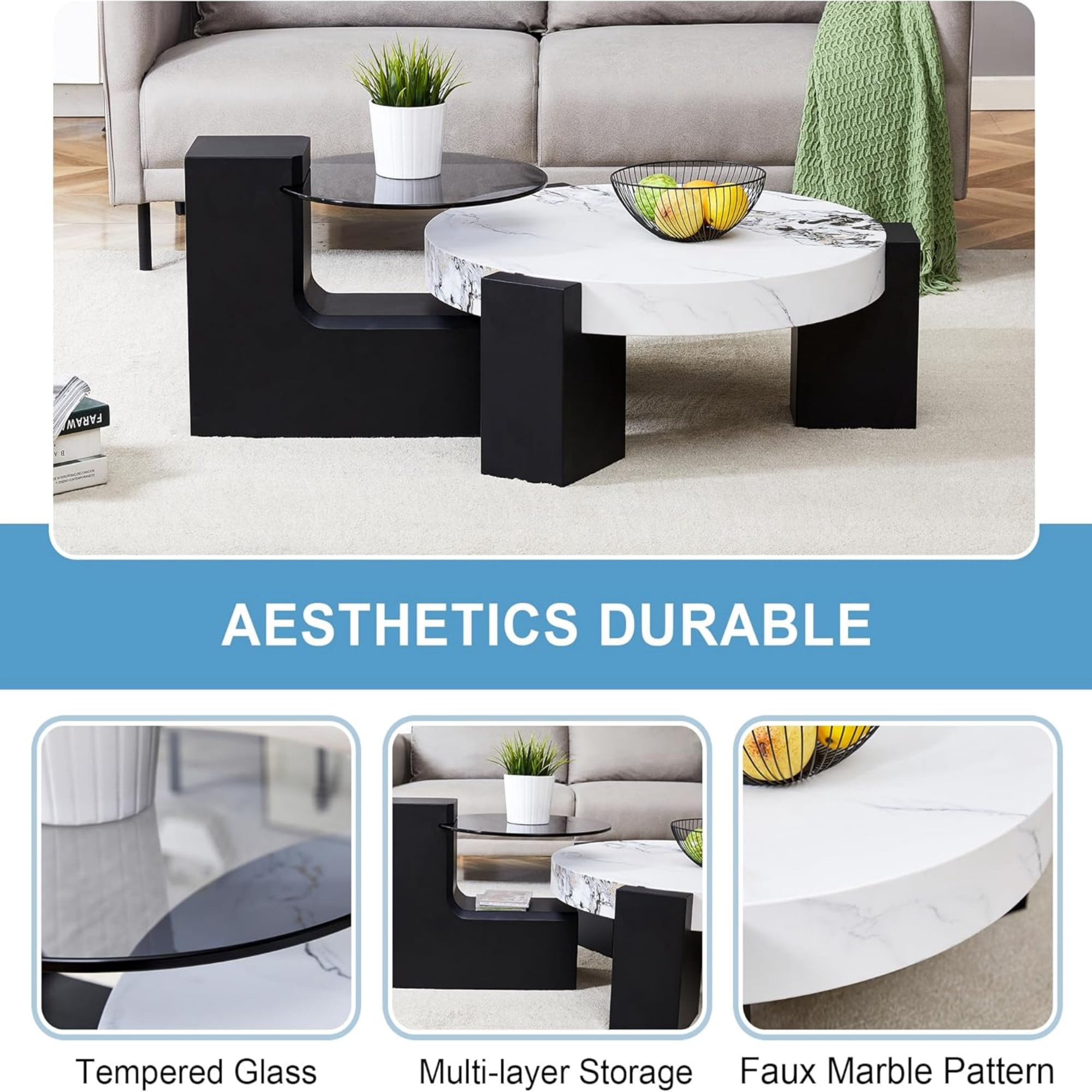 Sudica Detachable Double-decker Coffee Table,30" Round Tea Table with White Faux Marble Tabletop,Center Table for Living Room