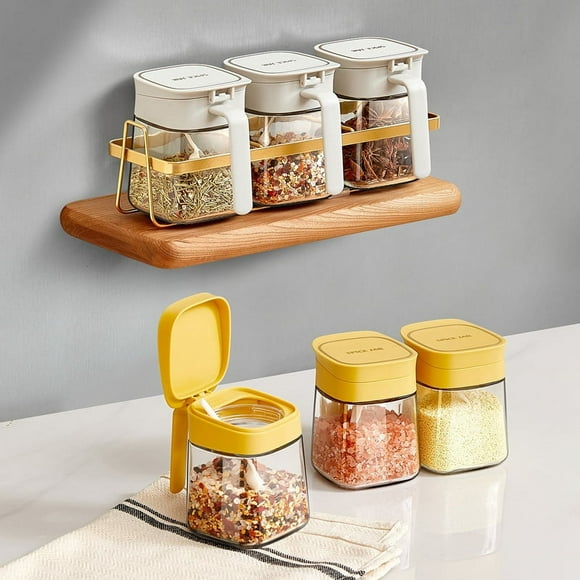 Condiment Jar Spice Container+Lids & Spoons,Clear Glass Condiment Canisters Pots Seasoning Box Salt Container Yellow