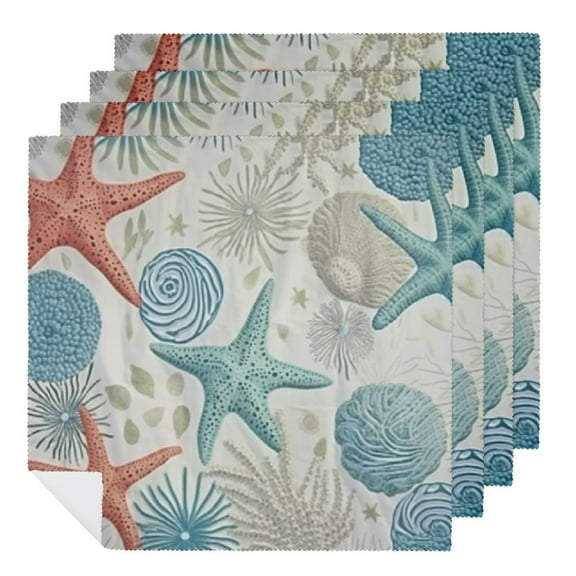 Qinduosi Blue Teal Coral Cloth Napkins Reusable Dinner Napkins, Summer Beach Starfish Coastal Modern Geometric Cocktail Napkin Washable Table Napkins for Wedding/Holiday Party/Baby Shower  2 PCS